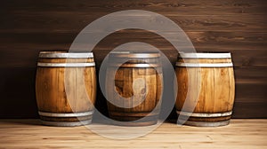 Three wooden barrels on wooden background in cellar of vinery. Generative AI