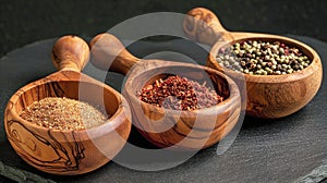 Three Wooden Bowls Filled With Different Types of Spices