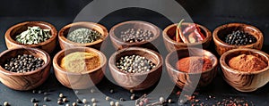 Three Wooden Bowls Filled With Different Types of Spices