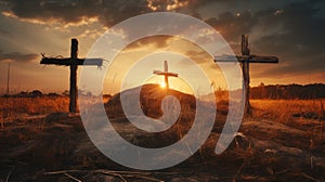 three wooden chrsitian crucifix crosses on hill at sunset