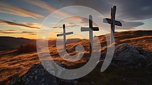 three wooden chrsitian crucifix crosses on hill at sunset