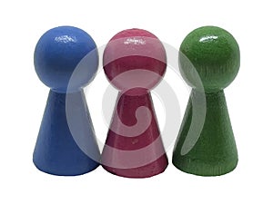 Three wooden colored board game chips