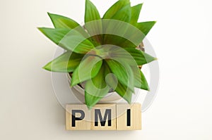 Three wooden cubes with letters - PMI, on yellow table, space for text in right. Front view concepts, flower in the background.