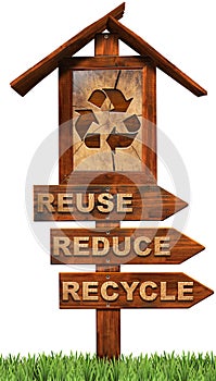 Three Wooden Directional Sign with Text Reuse Reduce Recycle