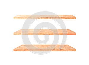 Three wooden shelves isolated on white background with clipping path for your product or design