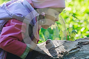 Three years old preschooler girl blowing on crawling edible snail