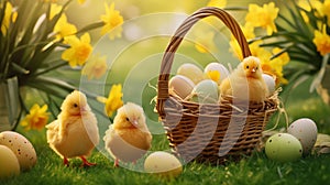 Three yellow chickens on green grass with flowers and Easter eggs.