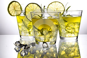Three yellow cocktails with lemon and rosemary standing on glass in studio