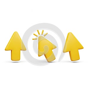 Three Yellow 3D Arrows with a Clicking Cursor in the Middle on White Background mouse cursor