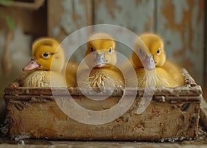 Three yellow ducklings in basket