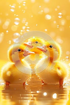 Three yellow ducks in water with bubbles