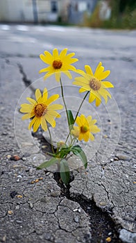 Three Yellow Flowers Thriving in Road Crack Together Symbolizing Resilience and Beauty