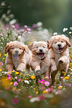 Three yellow labrador puppies are running through field of flowers. Generative AI