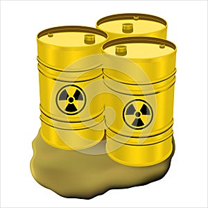 Three yellow metal drums with radioactive waste and spilled liquid.