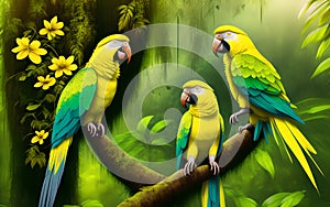 Three yellow parrots on a tree with yellow orchid in the jungle.Generative Al Illustration