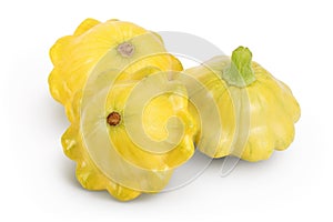 Three yellow pattypan squash isolated on white background, Clipping path and full depth of field