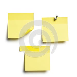 Three yellow post-it notes isolated on white background