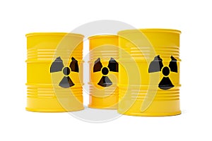 Three yellow radioactive waste drum barrels stack with warning symbol over white background