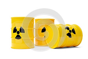 Three yellow radioactive waste drum barrels stack with warning symbol over white background