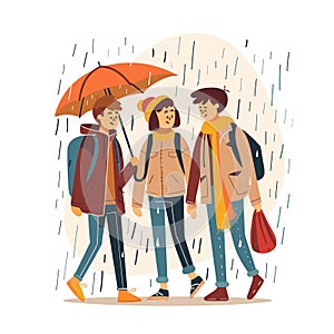 Three young adults sharing orange umbrella walking together during rainfall, friendship bond