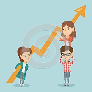 Three young business women holding growth graph.