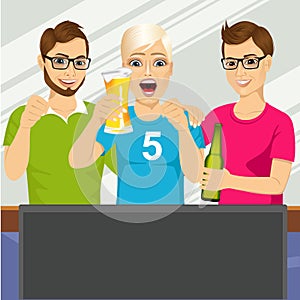 Three young friends watching sports game