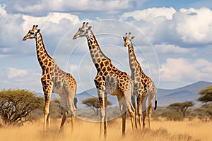 Three young giraffes standing in savannah. Generative AI