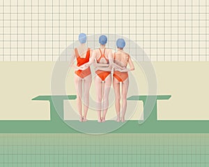 Three young girls, swimming athletes in red swimsuits standing near pool, ready to swim. Hobby and lifestyle