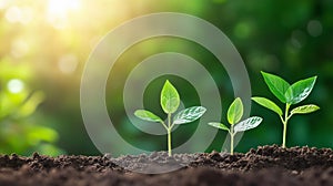 Three young green plants growing in soil under sunlight