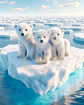 Three Young Polar Bears North Pole Stranded Global Warming Floating Ice island Melting Climate Change AI Generated