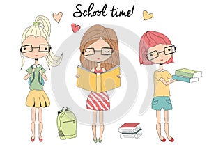 Three young school girls with glasses, school bag, books