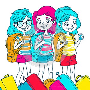 Three young travel girls with backpacks. Bright hand drawn poster