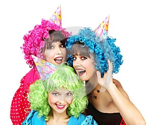 Three Young Women in Costumes are on Bachelorette Party