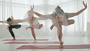 Three Young Women and Man in Yoga Class Doing Balance Exercise and Stretching Sports Yoga. Group Exercising and