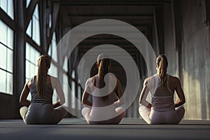 Three young women practicing yoga in a dark room. Back view, Group of young sporty people practicing yoga in Balasana pose, AI