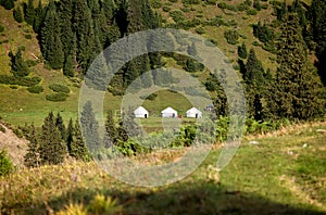 Three Yurt Nomad`s tent in mountains