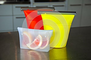 Three zero-waste food-grade silicone food bags to hold snacks or dried goods to replace plastic zip-lock style bags.