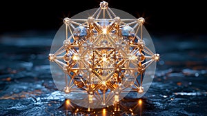 A threedimensional construct of Metatrons Cube featuring twelve intersecting lines and thirteen spheres representing the photo