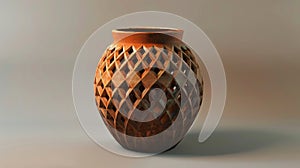 Threedimensional cubeshaped pot with geometric patterns in warm earth tones photo