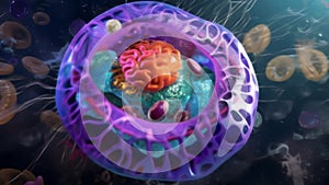 A threedimensional rendering of an animal cell showing the detailed structures and organization of its nuclei lysosomes