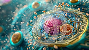 A threedimensional rendering of an animal cell showing the detailed structures and organization of its nuclei lysosomes photo