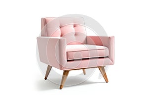 Threequarter View Blush Pink Mid Century Modern Armchair On White Background. Generative AI photo