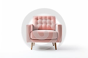 Threequarter View Blush Pink Mid Century Modern Armchair On White Background. Generative AI photo