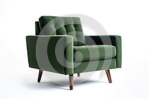 Threequarter View Forest Green Mid Century Modern Armchair On White Background. Generative AI