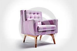 Threequarter View Lavender Mid Century Modern Armchair On White Background. Generative AI