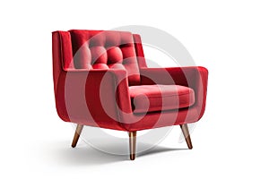 Threequarter View Ruby Red Mid Century Modern Armchair On White Background. Generative AI photo