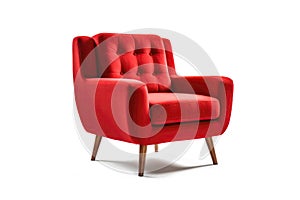 Threequarter View Ruby Red Mid Century Modern Armchair On White Background. Generative AI