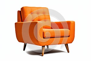 Threequarter View Tangerine Mid Century Modern Armchair On White Background. Generative AI photo