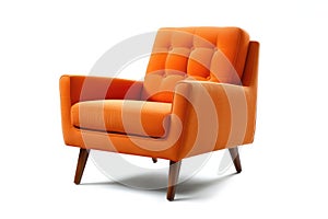 Threequarter View Tangerine Mid Century Modern Armchair On White Background. Generative AI photo