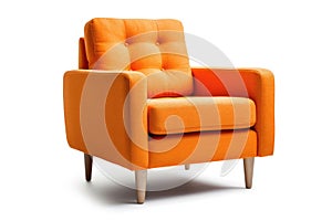 Threequarter View Tangerine Mid Century Modern Armchair On White Background. Generative AI photo